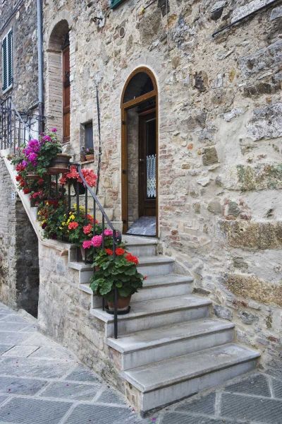 Italy, Petroio Flowers line a stairway